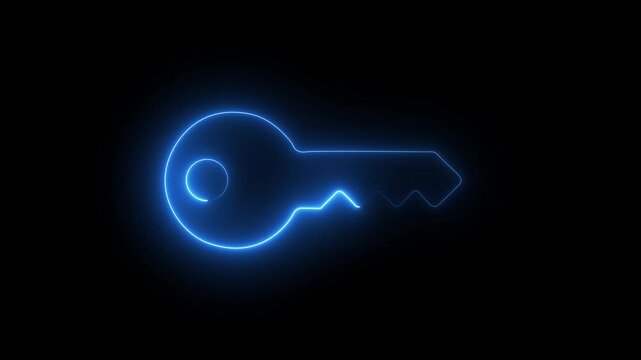 turquoise color key icon glowing neon key animation video close open lock sign Symbol on black background.