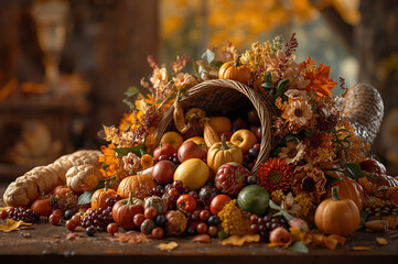 The pile of agricultural products, fresh fruits, vegetables, flowers in cornucopia basket on a table against a warm and inviting autumnal background.