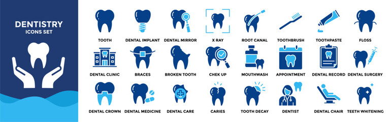Dentistry icon collection set. Containing design Tooth Dental Implant, Dentist, Dental Clinic, Dental care	