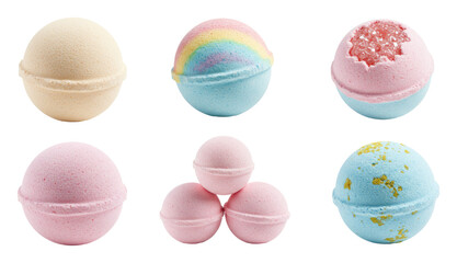Six pastel bath bombs arranged in grid, featuring pastel pink, blue, beige, and rainbow-swirl accents
