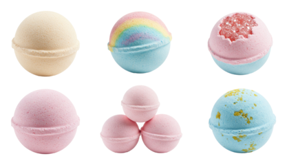 Six pastel bath bombs arranged in grid, featuring pastel pink, blue, beige, and rainbow-swirl accents