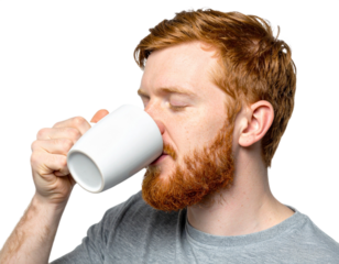 Man drinking from a white mug isolated on white background, transparent PNG