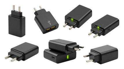 Collection of black USB and wall plug adapters with green LED indicators