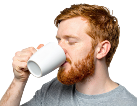 Man drinking from a white mug isolated on white background, transparent PNG