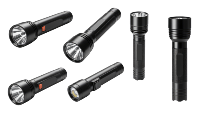 Set of five black handheld flashlights with shiny reflective lenses