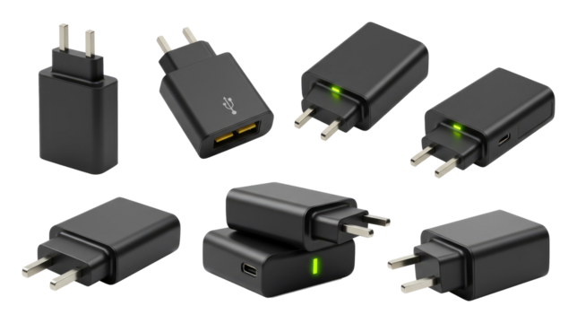 Collection of black USB and wall plug adapters with green LED indicators