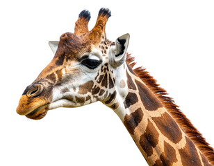 Giraffe head close up isolated on white background, transparent PNG