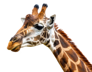 Giraffe head close up isolated on white background, transparent PNG