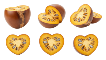 Several fruits, whole and sliced, showing amber flesh and seeds
