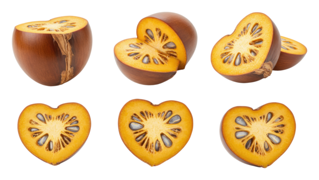 Several fruits, whole and sliced, showing amber flesh and seeds