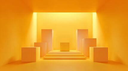 "Studio backgrounds with yellow walls for photography, featuring a simple vector set with bright gradient spotlights. Abstract light balance highlights products framed in a gray environment."