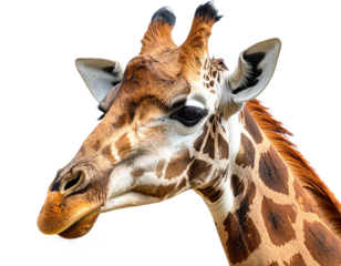 Close-up of a giraffe's head isolated on white background, transparent PNG