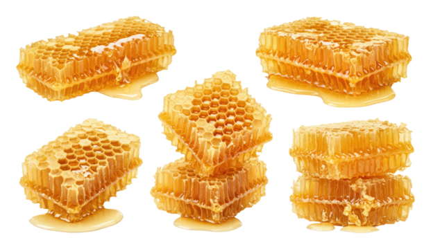 Golden honeycombs stacked with dripping honey, honeyed hexagonal wax
