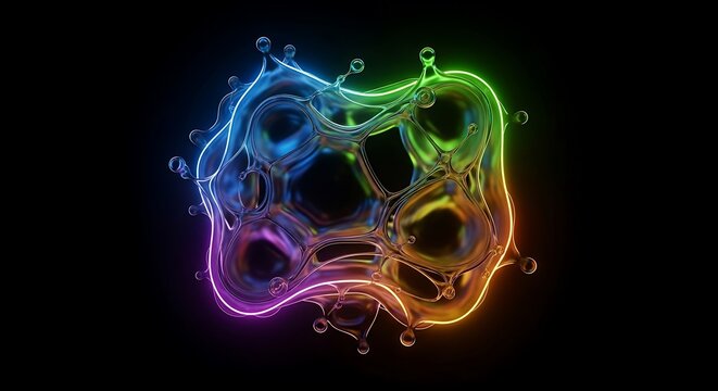 Stunning iridescent abstract form glows with futuristic neon colors, perfect for technology, science, and innovative concepts with sleek modern design.