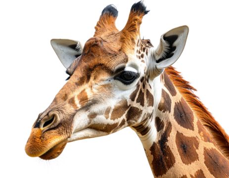 Close-up of a giraffe's head isolated on white background, transparent PNG