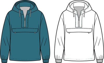 CAD drawing flat vector illustration of hooded sweatshirt design, half zipper front, drawstring hood, front pocket, colored and line sketch views © Samiul