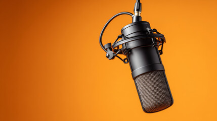 "Studio microphone with a black foam windscreen, suspended against an orange background, ideal for podcasting, broadcasting, or voice recording."