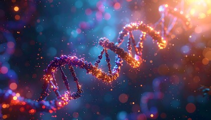 A vibrant, close-up rendering of a double helix structure. Glowing strands with particles illuminated against a dark, bokeh background