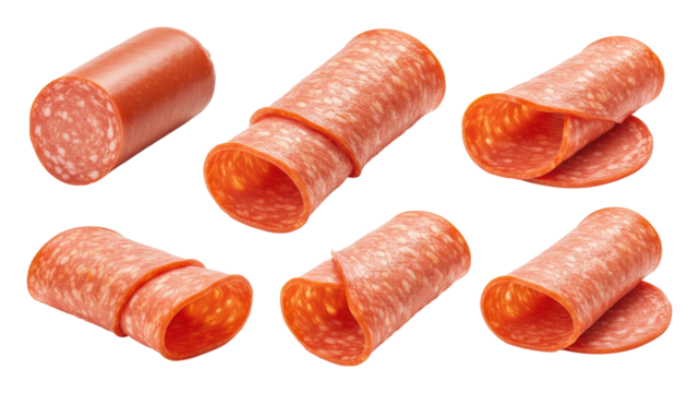 Several thin, cured salami slices rolled into small tubes - Powered by Adobe