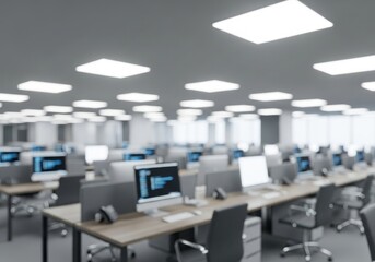Blurred contemporary office with open desk and ceiling light