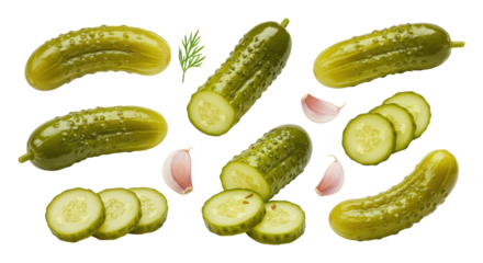 Assorted pickled cucumbers with garlic cloves and dill