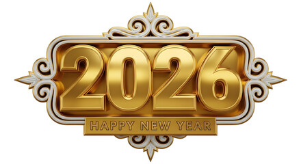 Golden 2026 happy new year text with elegant decorative frame