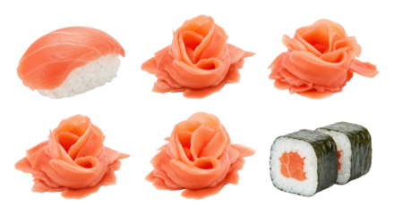 Assorted sushi with salmon nigiri, salmon rose garnishes, and salmon-filled maki roll