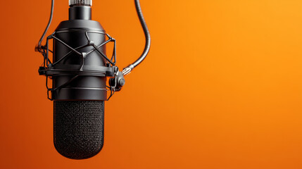 "Studio microphone with a black foam windscreen, suspended against an orange background, ideal for podcasting, broadcasting, or voice recording."