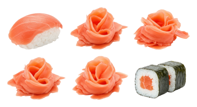 Assorted sushi with salmon nigiri, salmon rose garnishes, and salmon-filled maki roll