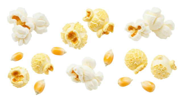 Assorted popped popcorn clusters with few corn kernels scattered on transparent background