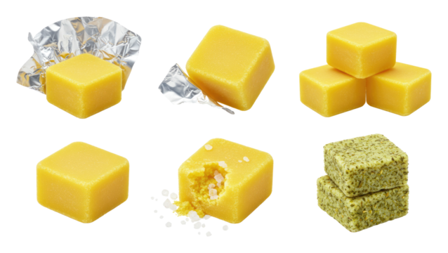 Assorted yellow bouillon or cheese cubes, some wrapped, one bitten plus green herb cake squares