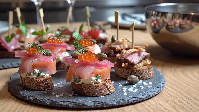 Gourmet Canapes and Appetizers on a Slate Platter for a Festive Occasion.