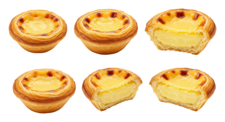 Six Portuguese custard tarts with flaky golden crusts and creamy filling