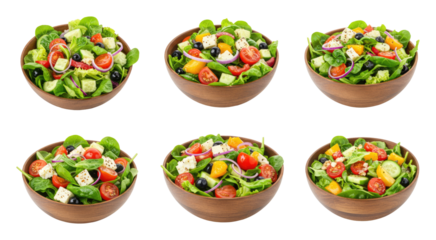 Six wooden bowls contain fresh mixed green salads with tomatoes, cucumbers, feta, olives