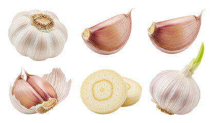 Fototapeta premium Fresh garlic bulbs, cloves, and sliced rounds arranged on transparent background