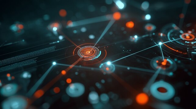 Complex digital network diagram with nodes, connections, glowing data flows, cybersecurity monitoring visualization, teal and orange color palette, clean infographic style, minimalistic UI dashboard, 