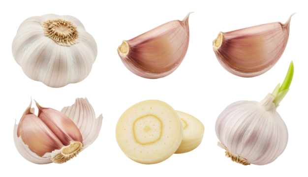 Fresh garlic bulbs, cloves, and sliced rounds arranged on transparent background - Powered by Adobe