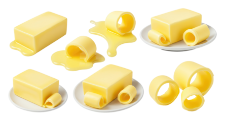 Set of yellow butter blocks with curls, pats, and melted spills on plates