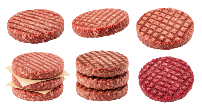 Assorted raw beef hamburger patties with grill marks some stacked with cheese slices