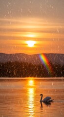A serene sunset over a body of water with a rainbow reflection and a graceful swan gliding peacefully across the surface under a sky with streaks of clouds and rain