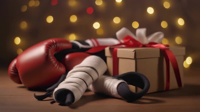 Boxing gloves, bandages, and gift box on wooden surface