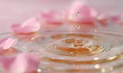a clear, golden-hued liquid surface, capturing the moment a drop falls and creates perfect concentric ripples. Several soft pink rose petals float gracefully on the surface, glistening with moisture
