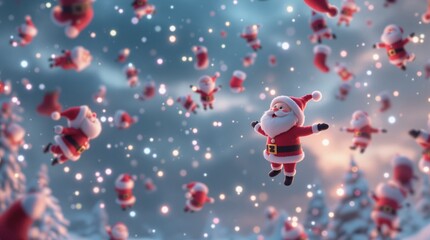 Mini Santa Winter Skyfall – Whimsical Scene with Falling Stockings