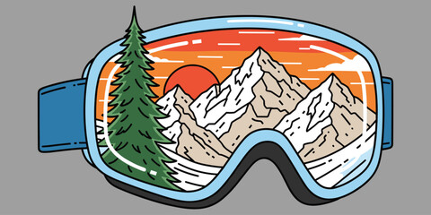 Ski goggles reflection, mountain landscape, winter adventure, sunset scene, outdoor gear, flat vector illustration, nature inspired design