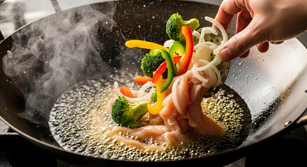 Chefs hand adding fresh vegetables and chicken to a sizzling wok for a stir-fry dish.