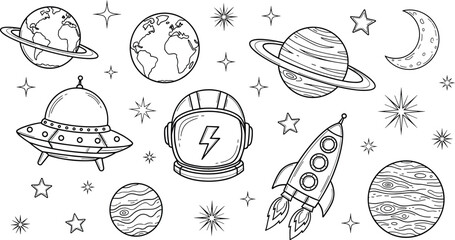 Space icons, celestial elements, astronaut gear, planets and stars, science fiction theme, flat vector illustration, black white line art