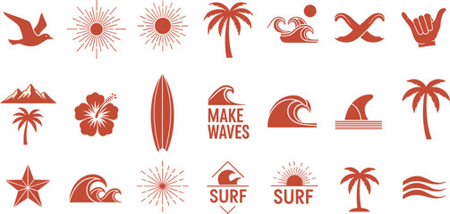 Surfing icons, tropical elements, beach lifestyle, ocean waves, palm trees, sunburst graphics, summer vibes, coastal culture, flat vector illustration