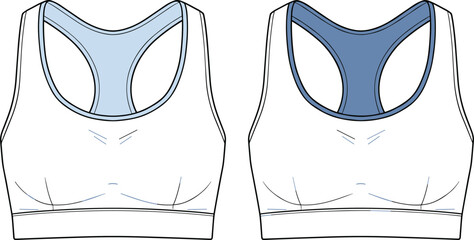Sports bra sketch, racerback design, athletic wear template, fashion technical drawing, flat vector illustration, garment construction outline