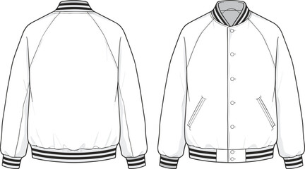 Varsity jacket sketch, fashion technical drawing, raglan sleeve design, button-up front, flat vector illustration, garment construction template