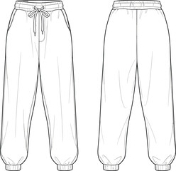 Sweatpants sketch, elastic waistband, drawstring detail, fashion technical drawing, flat vector illustration, garment construction template, apparel outline